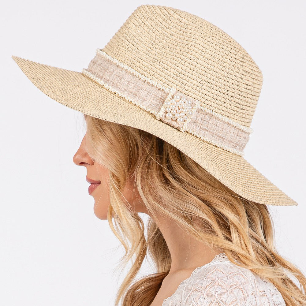 HATEGORY Tweed Pearl Band Straw Sun Hat