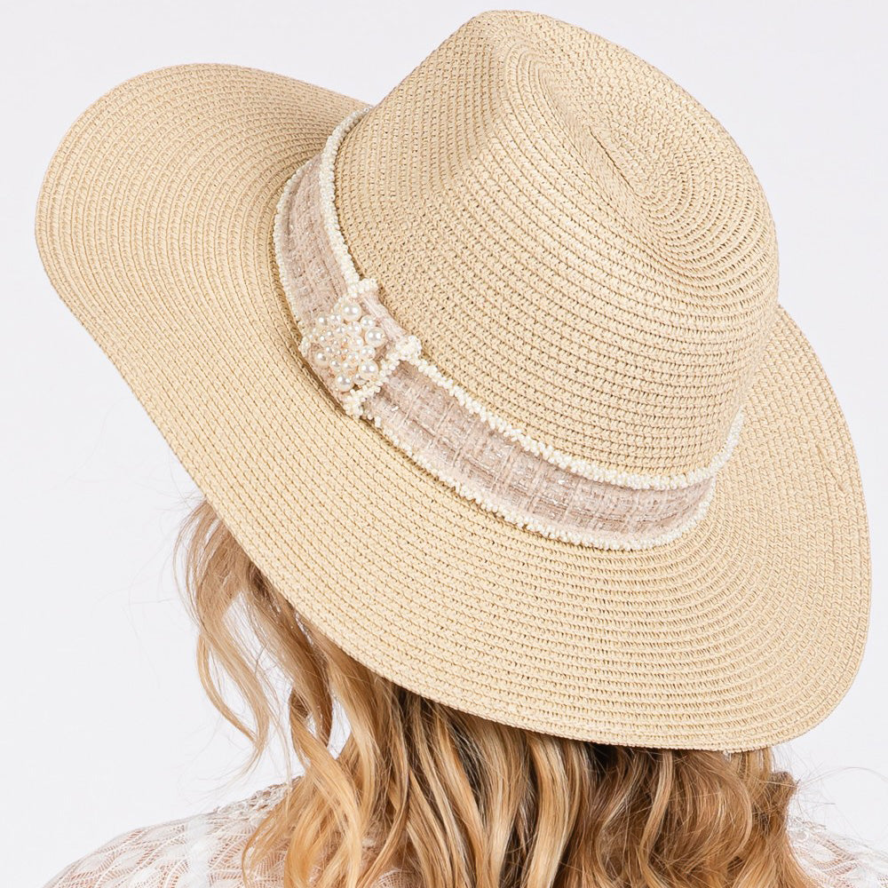 HATEGORY Tweed Pearl Band Straw Sun Hat