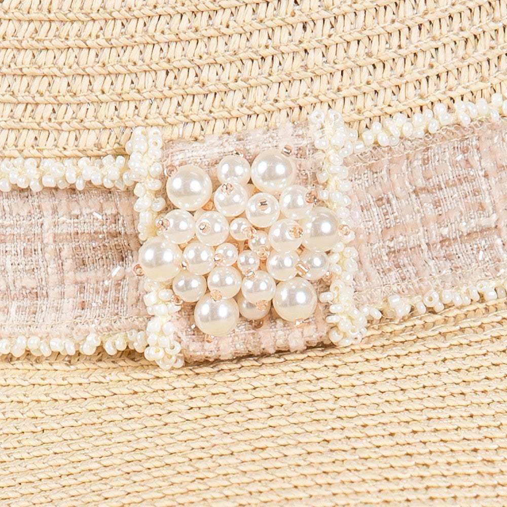 HATEGORY Tweed Pearl Band Straw Sun Hat