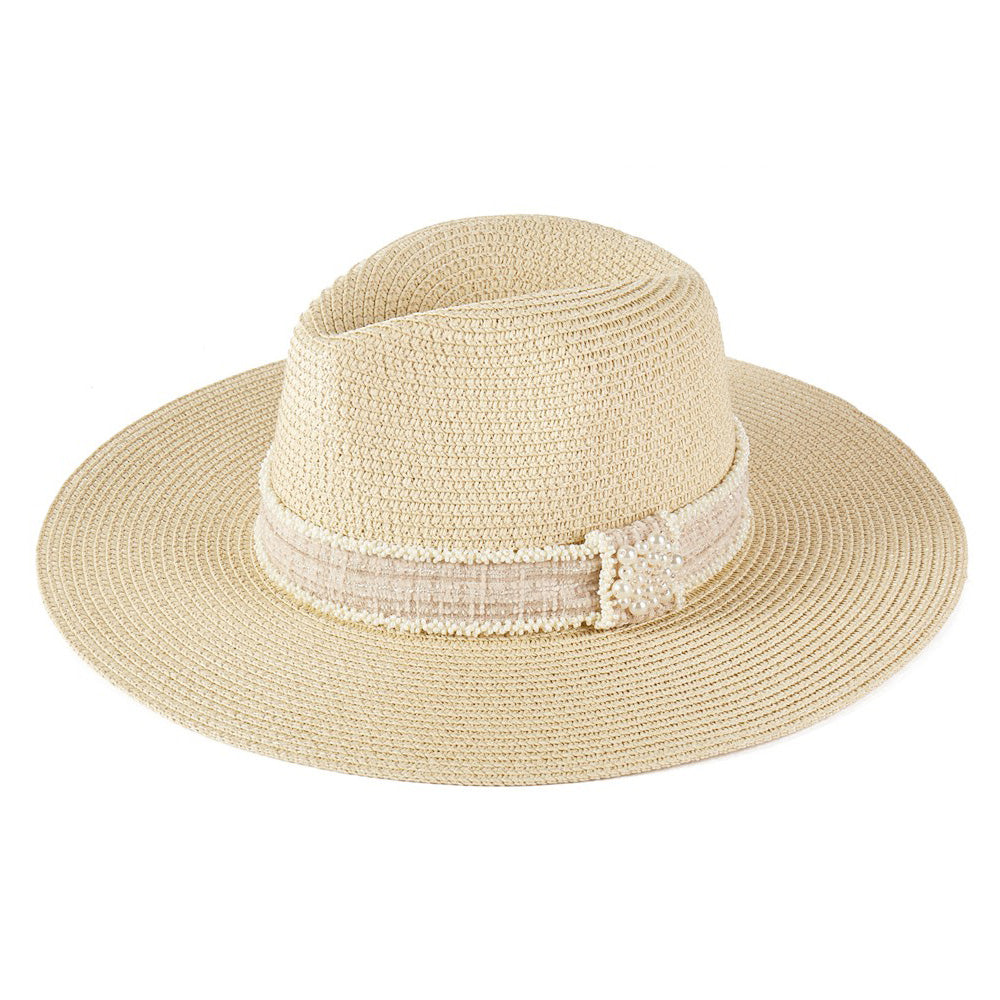 HATEGORY Tweed Pearl Band Straw Sun Hat