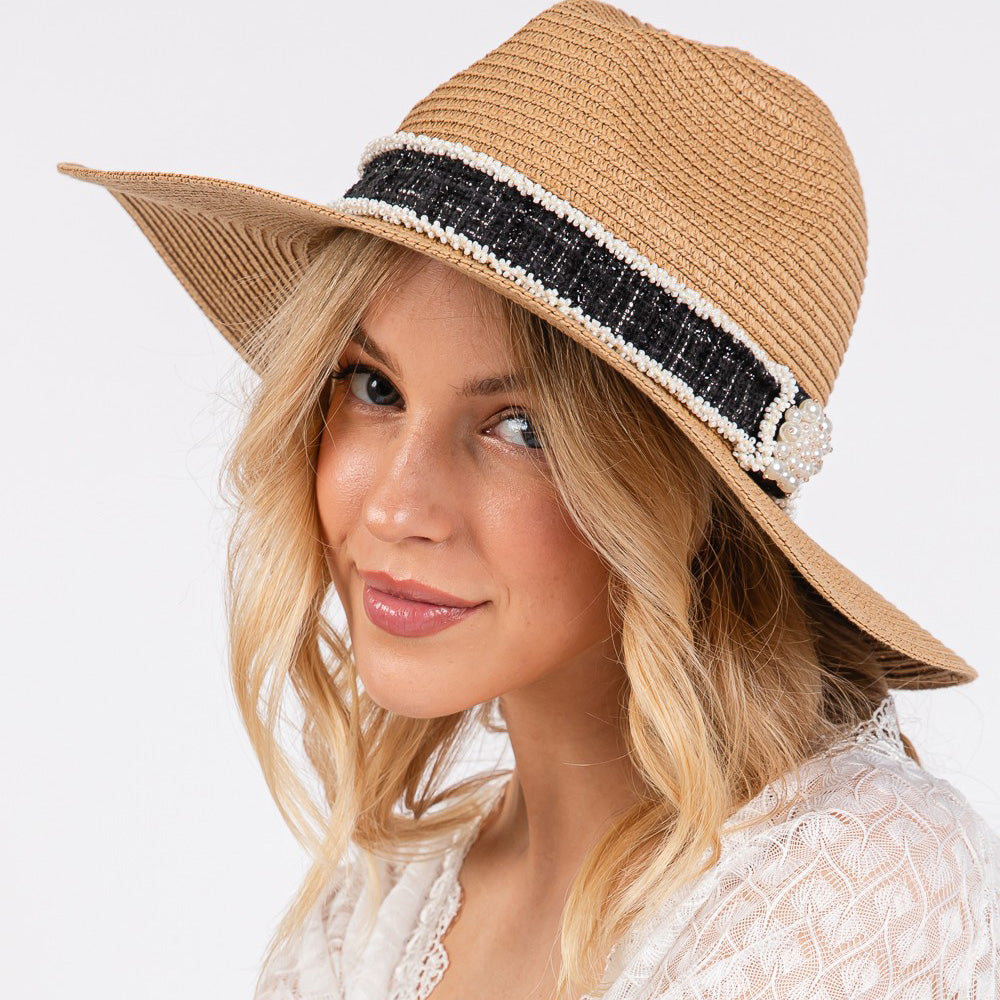 HATEGORY Tweed Pearl Band Straw Sun Hat