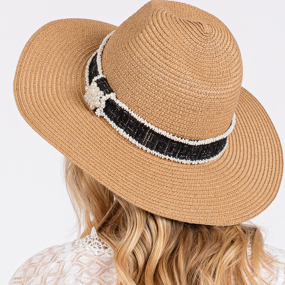 HATEGORY Tweed Pearl Band Straw Sun Hat