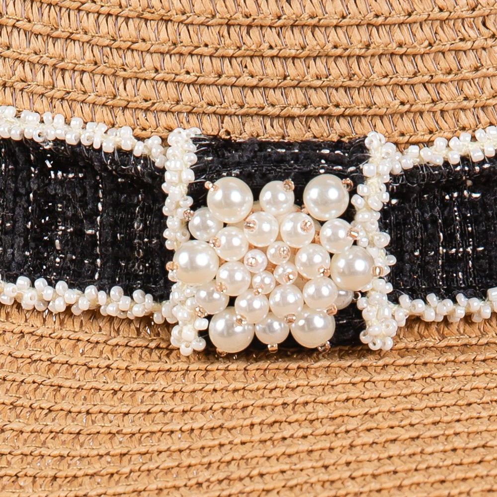 HATEGORY Tweed Pearl Band Straw Sun Hat