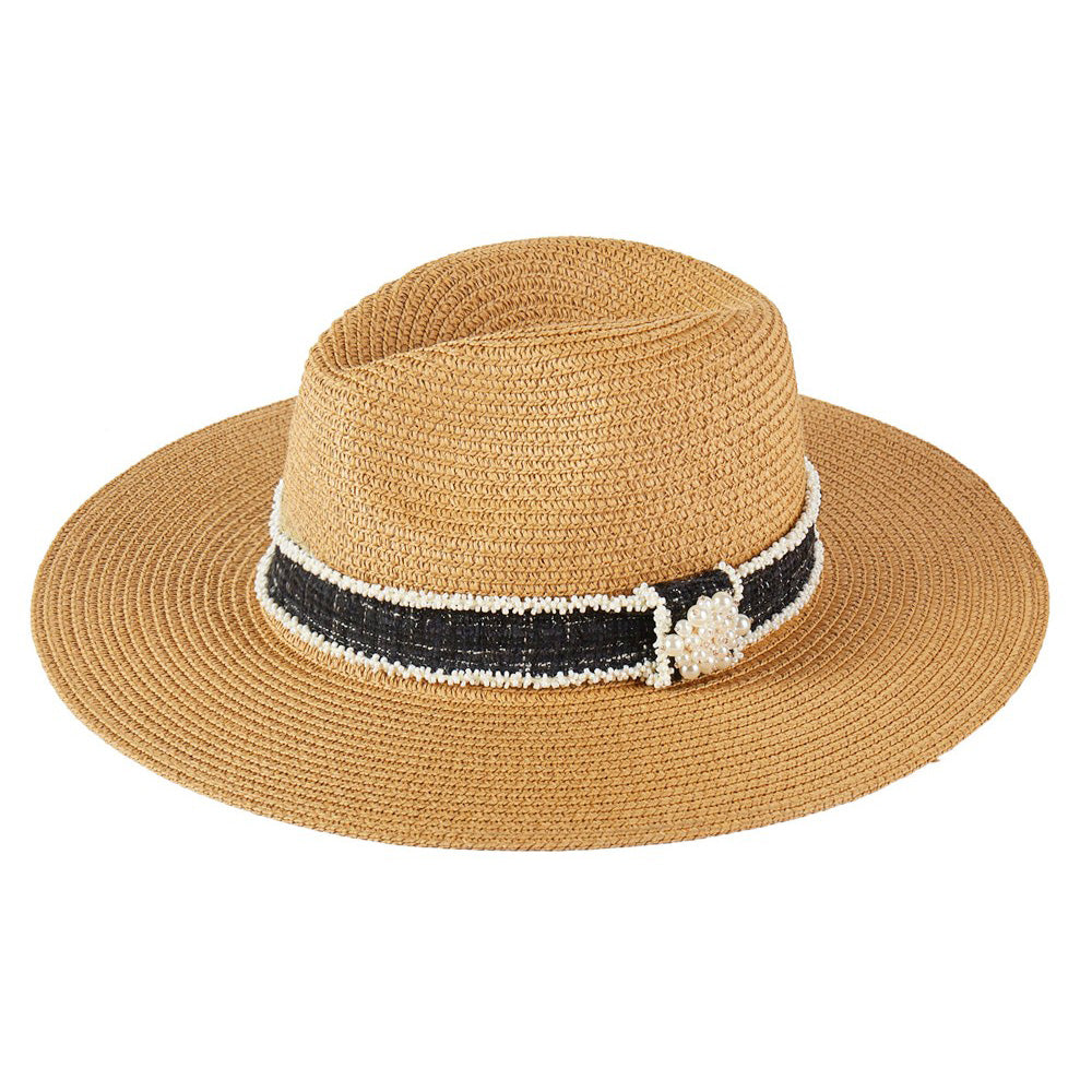 HATEGORY Tweed Pearl Band Straw Sun Hat