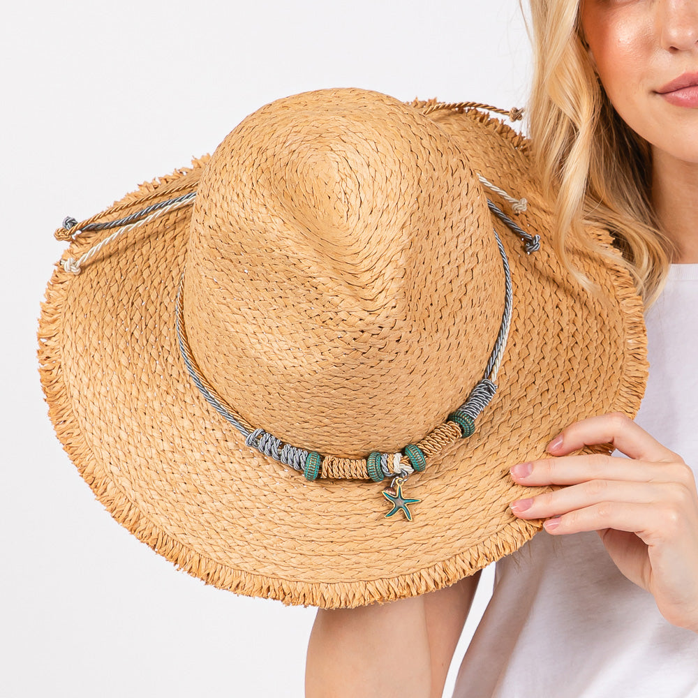 HATEGORY Frayed Straw Sun Hat with Braided Starfish Band