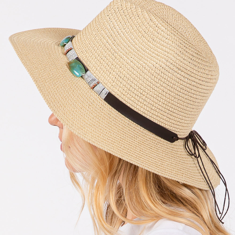 HATEGORY Turquoise Beads Band Straw Sun Hat
