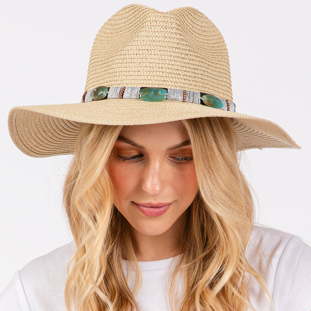 HATEGORY Turquoise Beads Band Straw Sun Hat