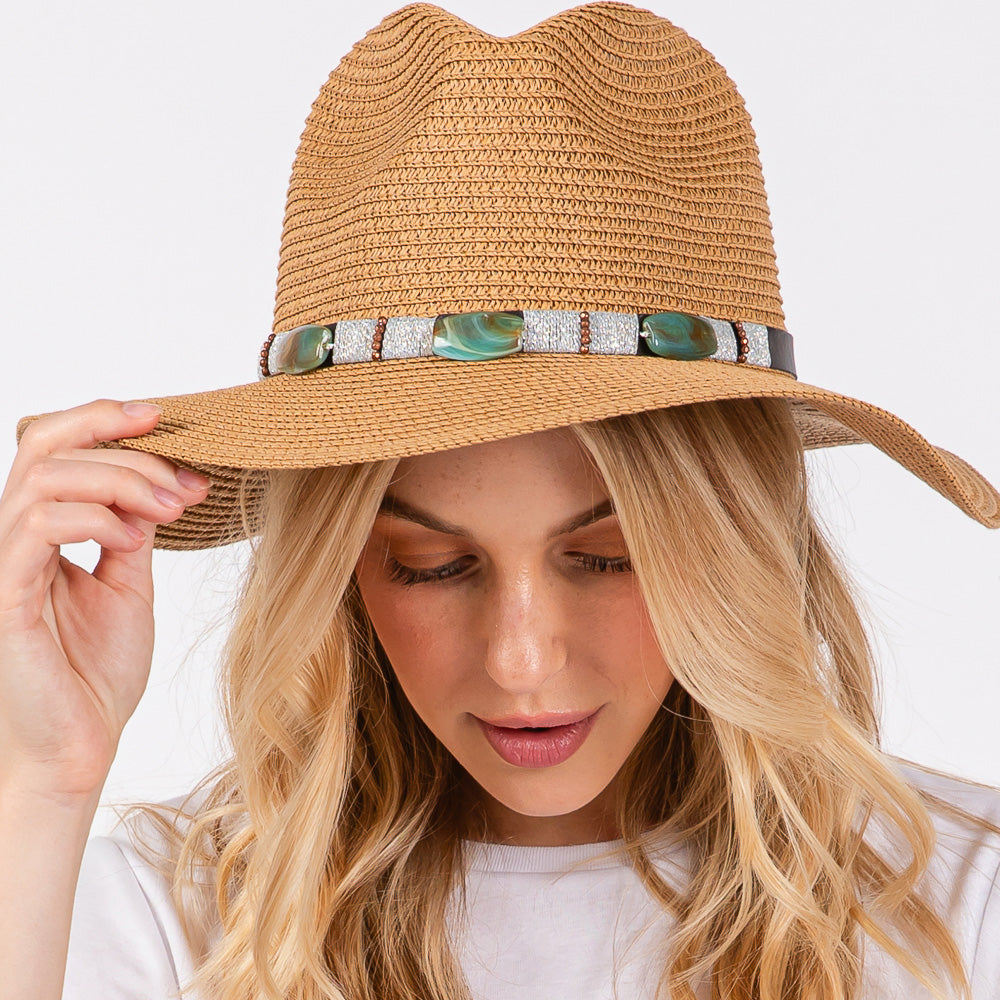 HATEGORY Turquoise Beads Band Straw Sun Hat