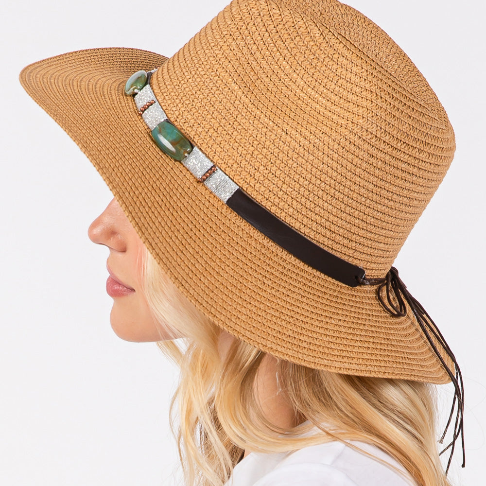 HATEGORY Turquoise Beads Band Straw Sun Hat