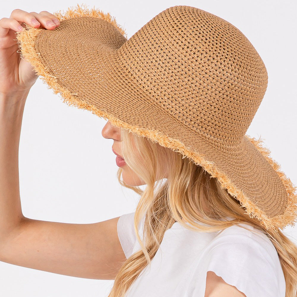 HATEGORY Frayed Edge Floppy Straw Sun Hat
