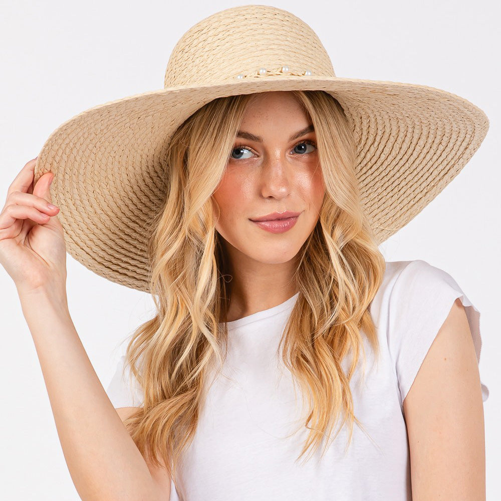 HATEGORY Braided Pearl Band Wide Floppy Sun Hat