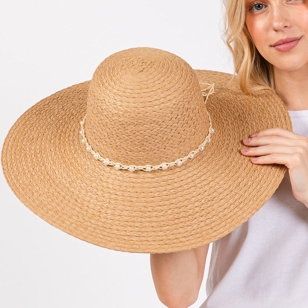 HATEGORY Braided Pearl Band Wide Floppy Sun Hat