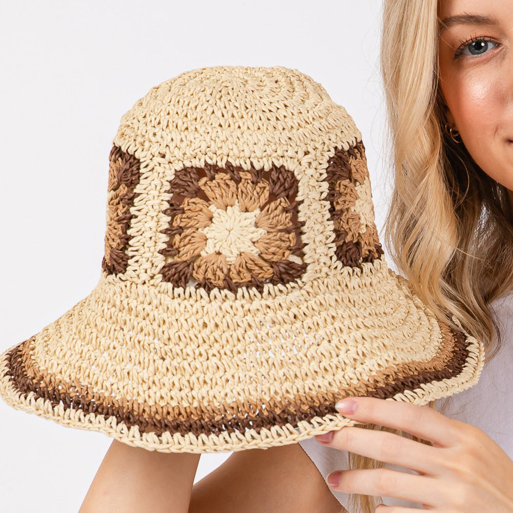 HATEGORY Floral Crochet Straw Bucket Hat