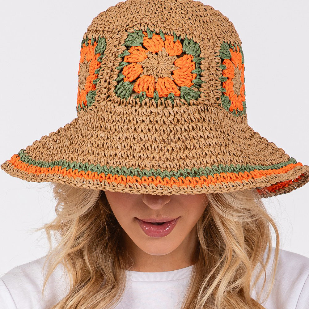 HATEGORY Floral Crochet Straw Bucket Hat