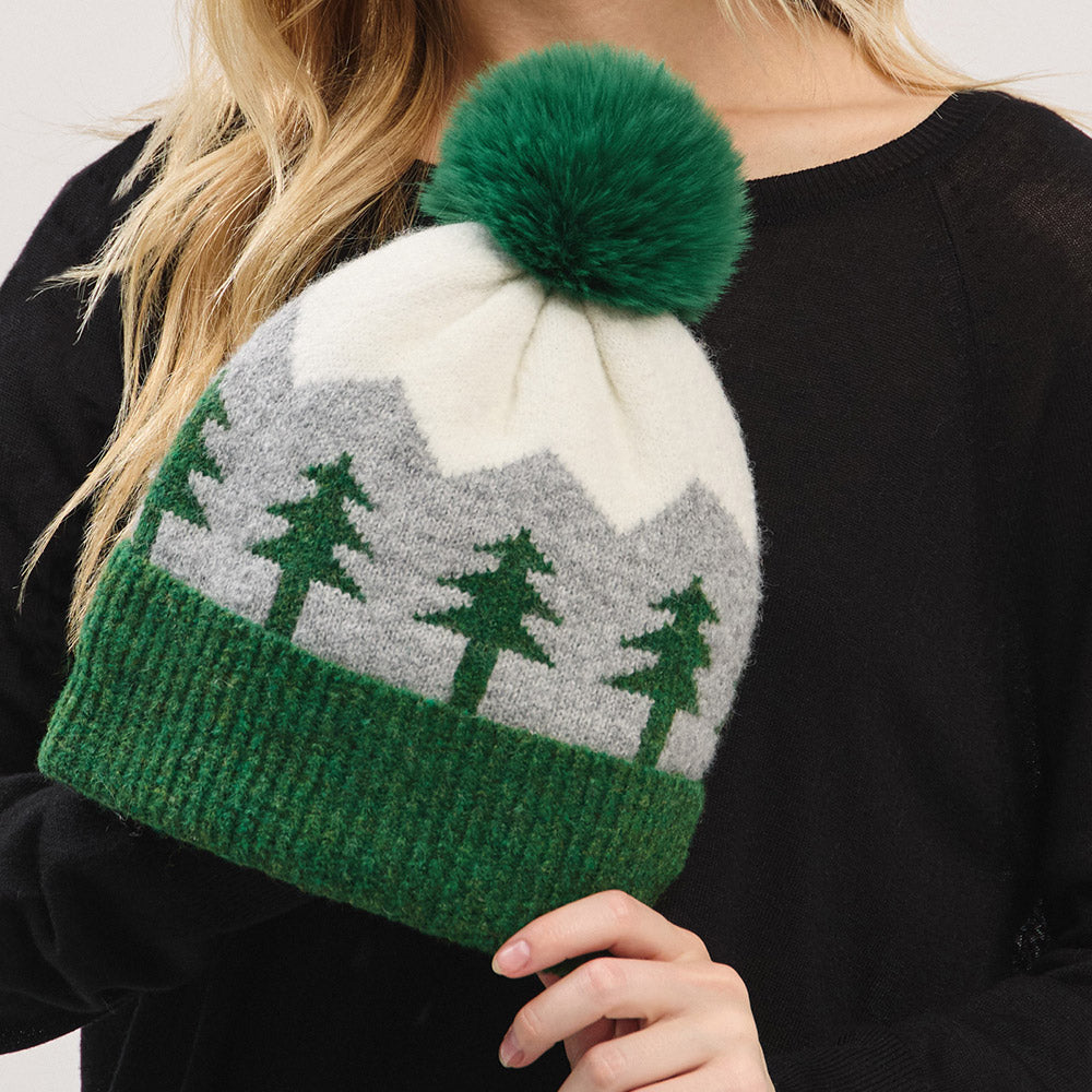 HATEGORY Holiday Pine Tree Pattern Fleeced Pom Pom Winter Beanie Hat