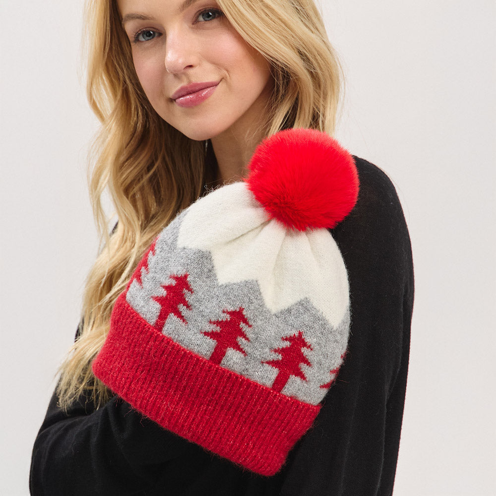 HATEGORY Holiday Pine Tree Pattern Fleeced Pom Pom Winter Beanie Hat