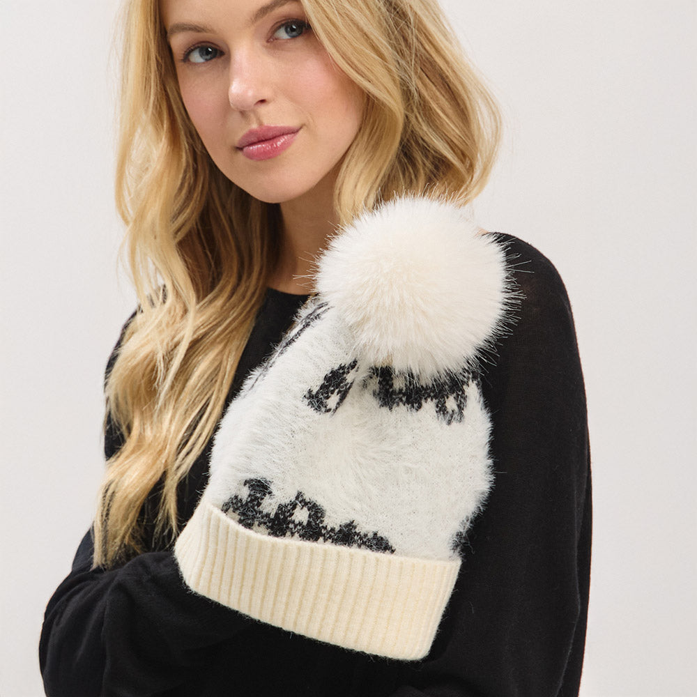 HATEGORY Paid Pattern Faux Fur Mixed Fleeced Pom Pom Winter Beanie Hat