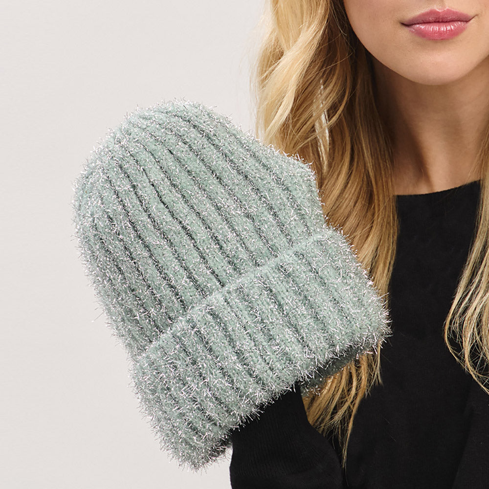 HATEGORY Fuzzy Lurex Metallic Knit Winter Beanie Hat