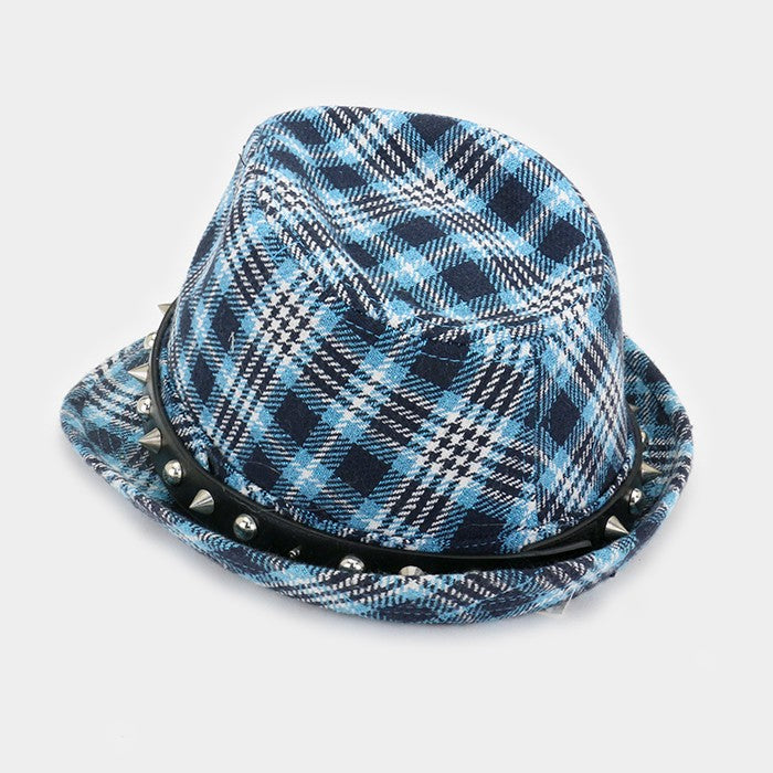 HATEGORY Metallic thread plaid check fedora with studded band