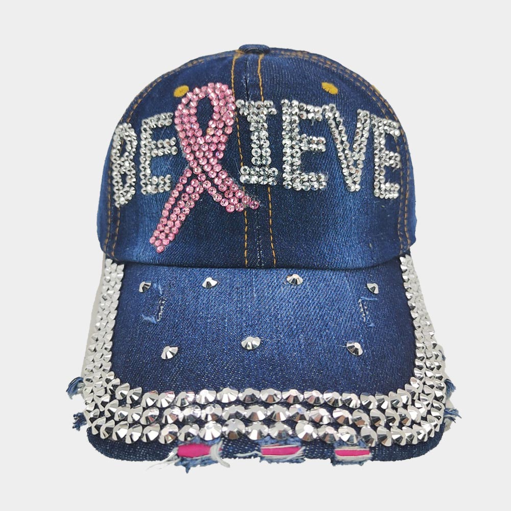 HATEGORY Bling Pink Ribbon Believe Message Baseball Cap
