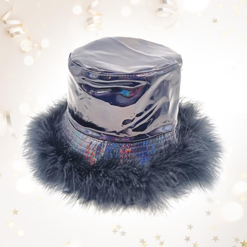 HATEGORY Faux Feather Trimmed Hologram Bucket Hat