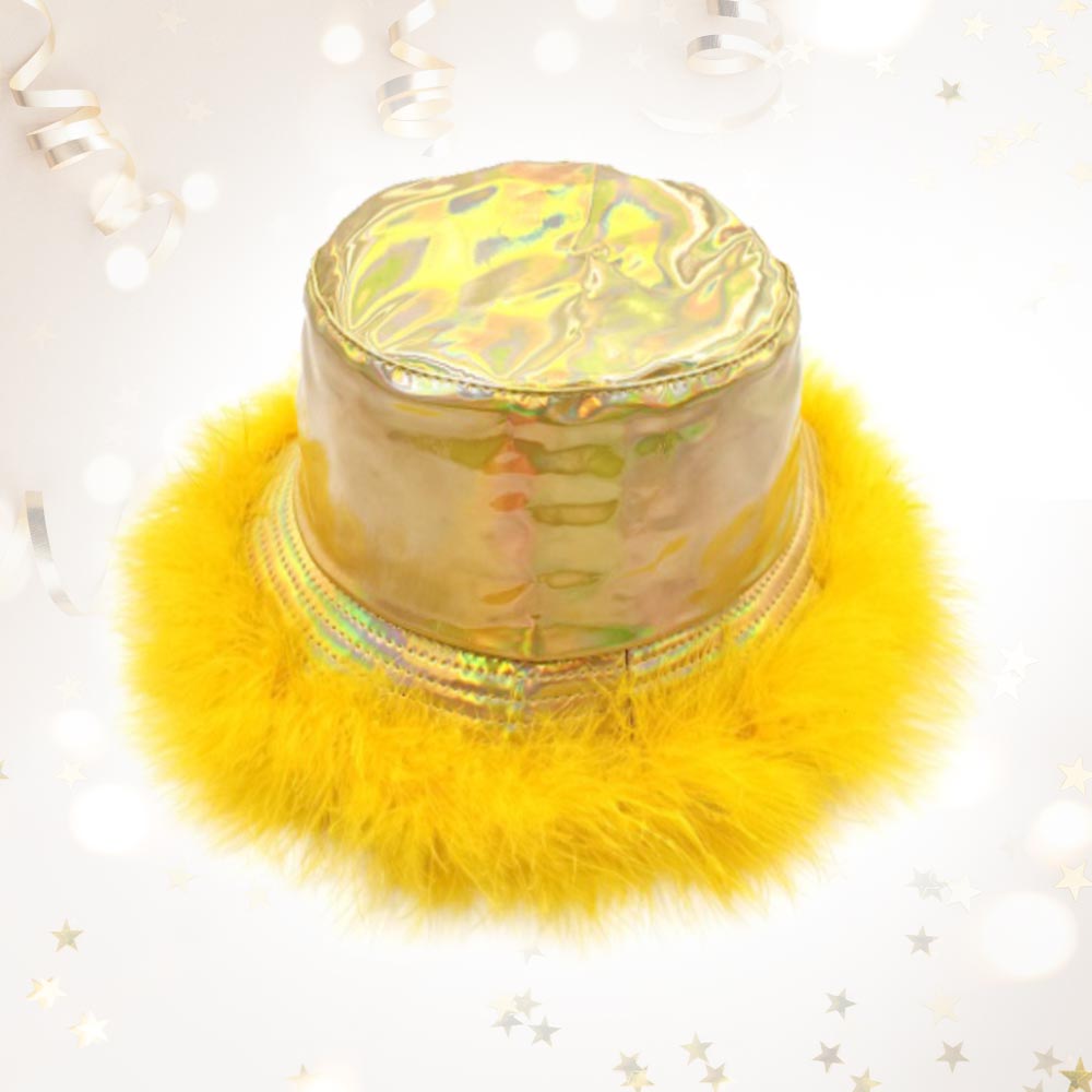 HATEGORY Faux Feather Trimmed Hologram Bucket Hat