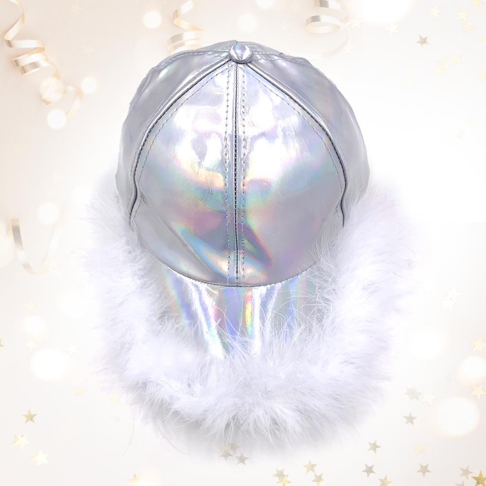 HATEGORY Faux Feather Trimmed Hologram Baseball Cap