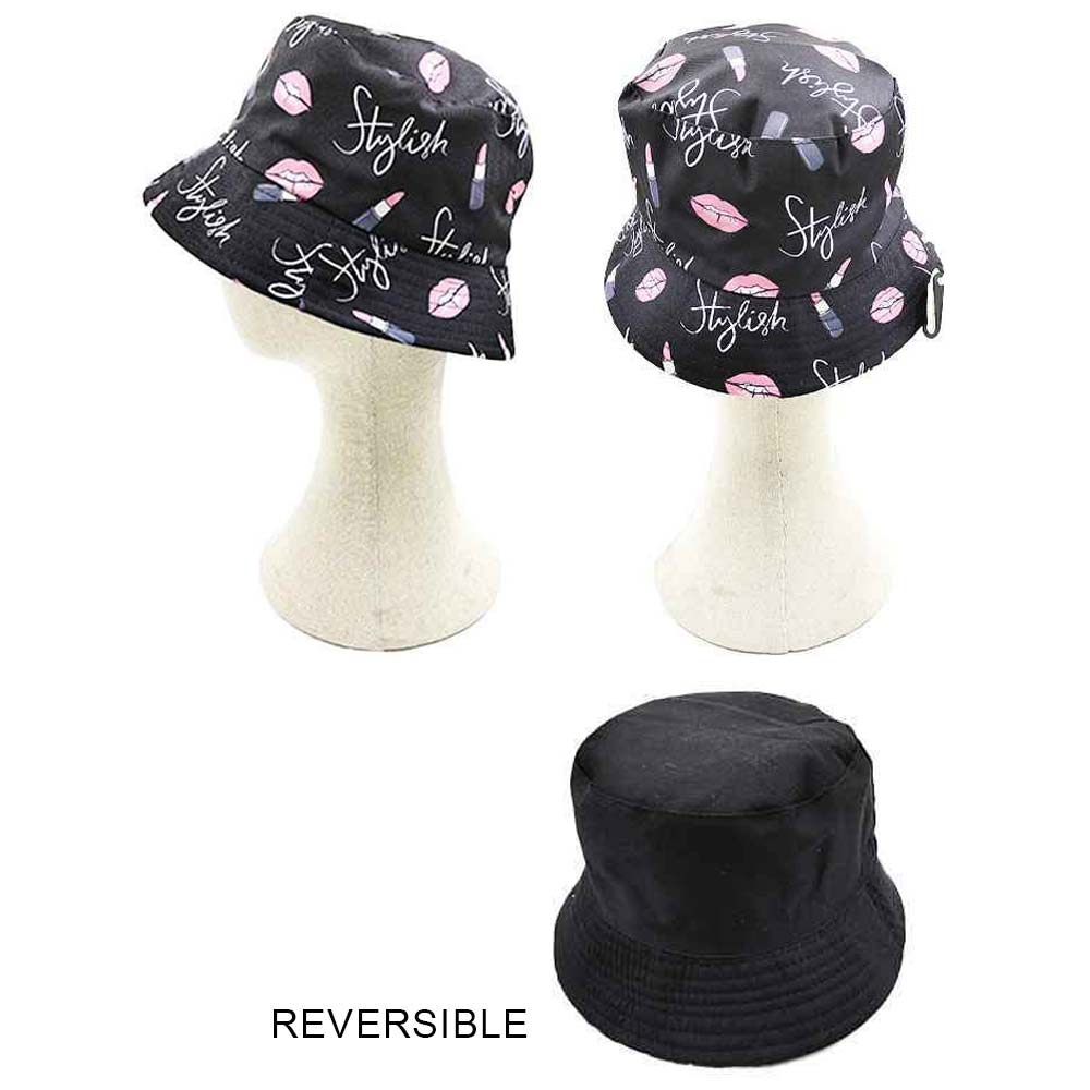 HATEGORY Stylish Message Lips Lipstick Patterned Reversible Bucket Hat