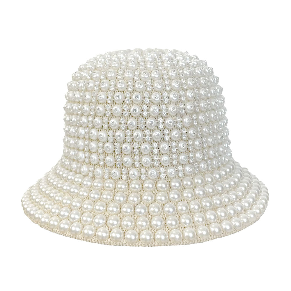 HATEGORY Pearl Rhinestone Embellished Straw Bucket Hat