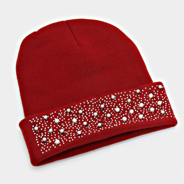 HATEGORY Pearl Crystal Metal Ball Cluster Beanie Hat