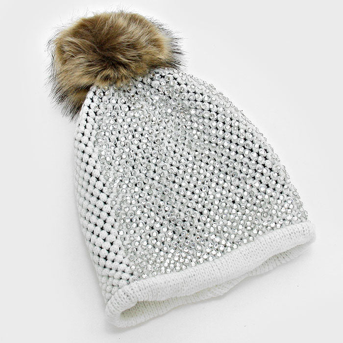 HATEGORY Crystal Studded Knit Beanie Hat with Pom Pom Fur