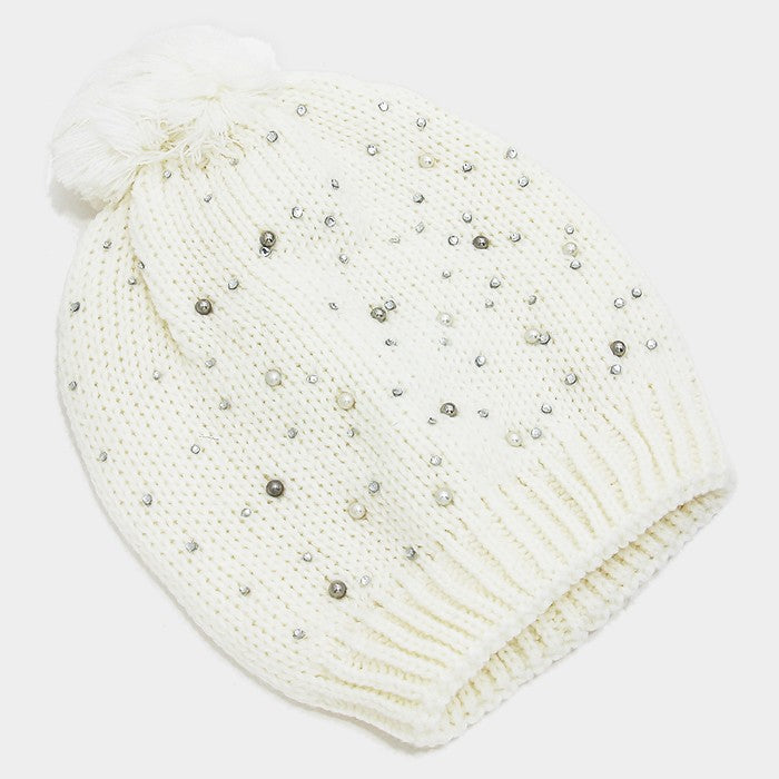 HATEGORY Crystal Pearl Studded Pom Pom Beanie Hat