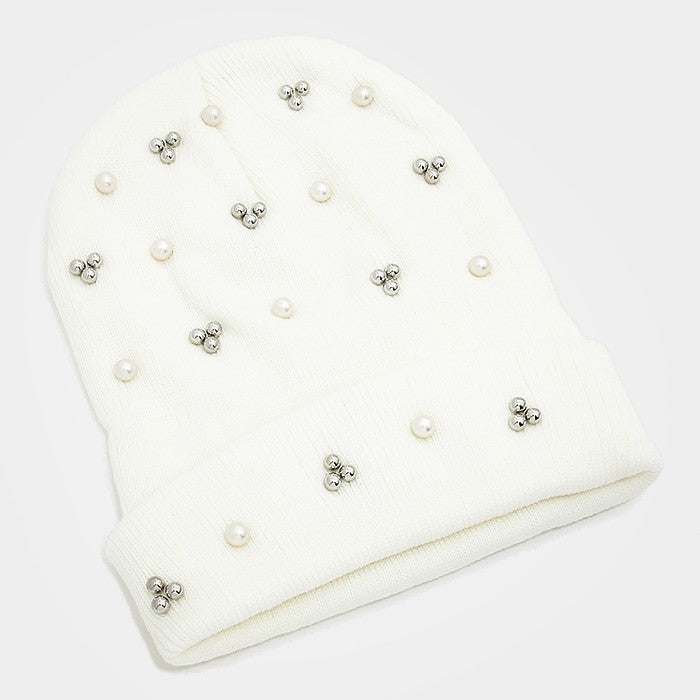 HATEGORY Crystal Pearl Studded Fold Over Beanie Hat