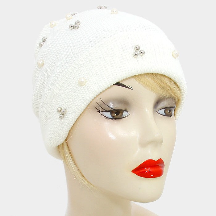 HATEGORY Crystal Pearl Studded Fold Over Beanie Hat