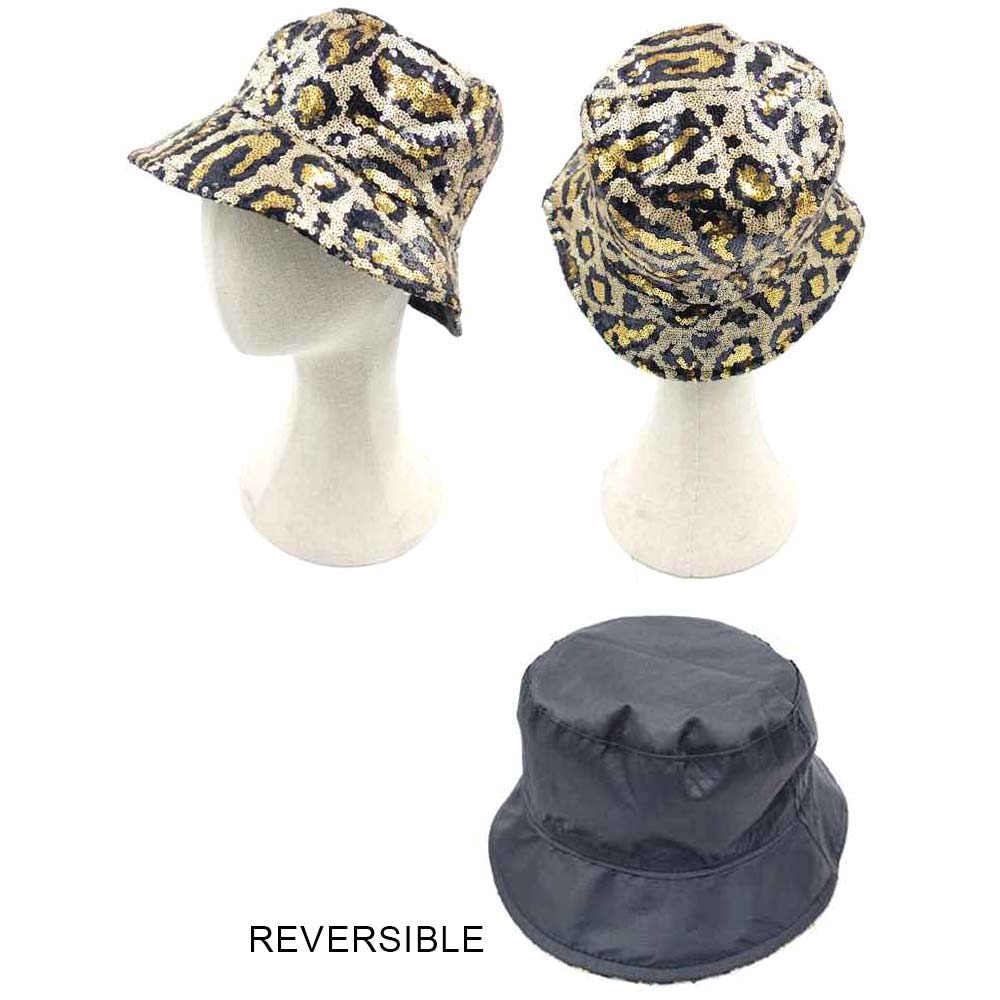 HATEGORY Sequin Leopard Patterned Reversible Bucket Hat