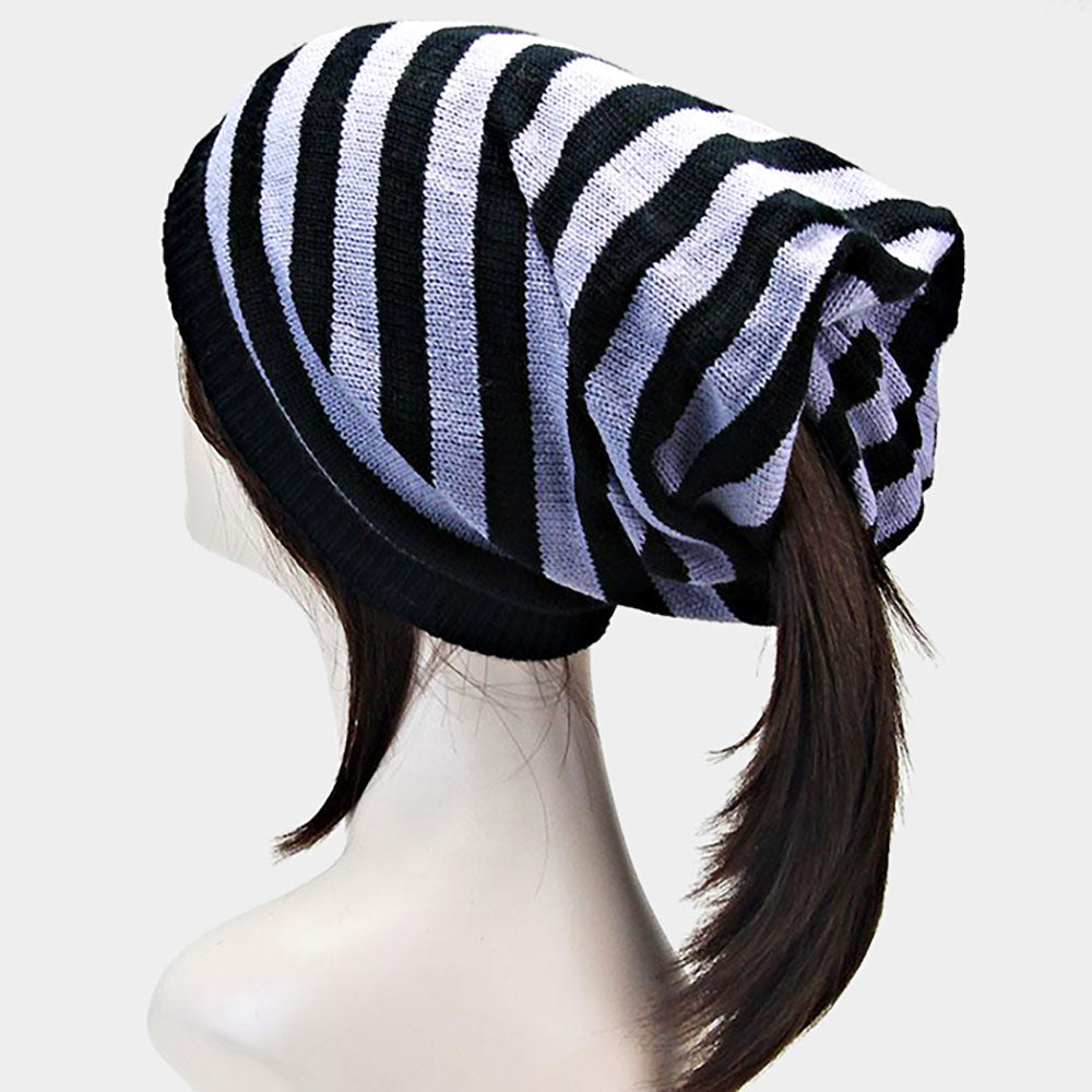 HATEGORY Striped Acrylic Open End Beanie Hat
