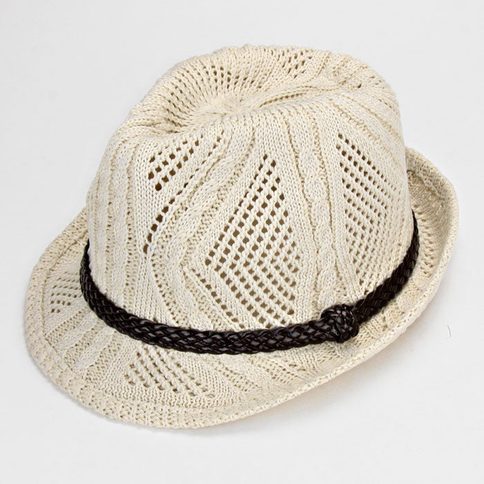HATEGORY leather Trim Cable Knitted Fedora Hat