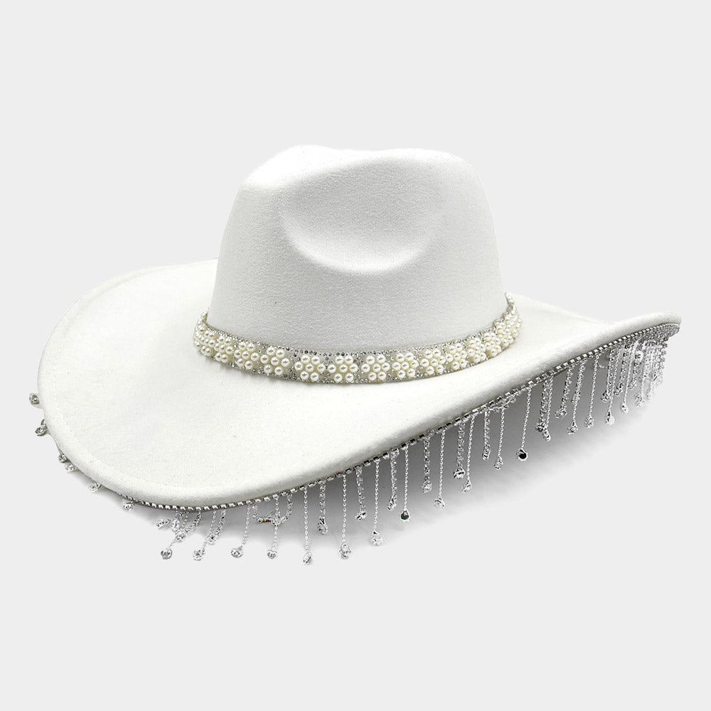 HATEGORY Pearl Flower Cluster Embellished Band Pointed Rhinestone Stone Paved Fringe Around Cowboy Western Hat