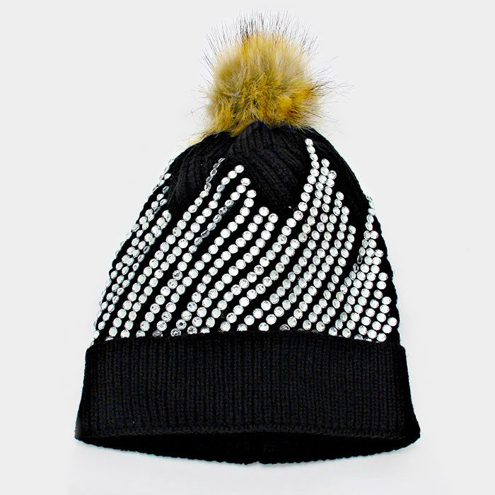 HATEGORY Pom pom crystal knit beanie hat