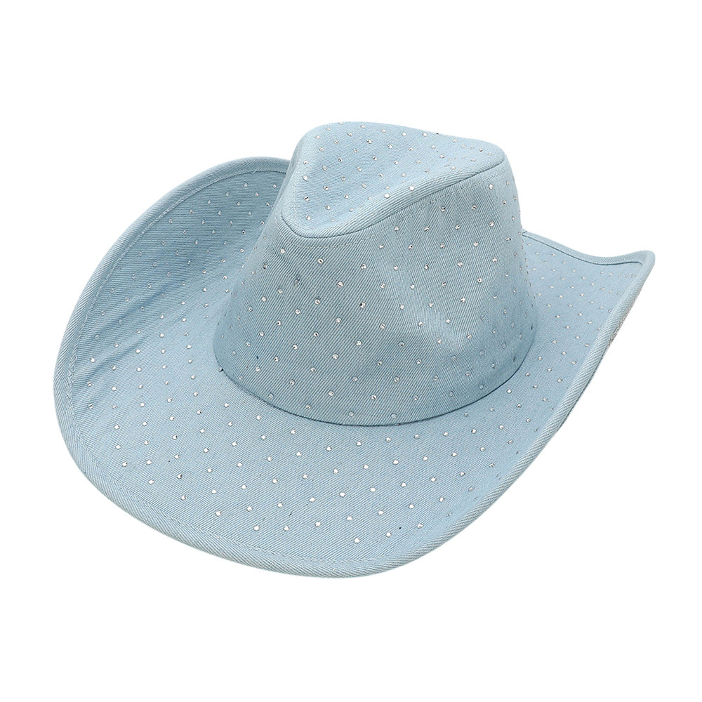 HATEGORY Sparkling Rhinestone Embellished Denim Western Cowboy Fedora Hat