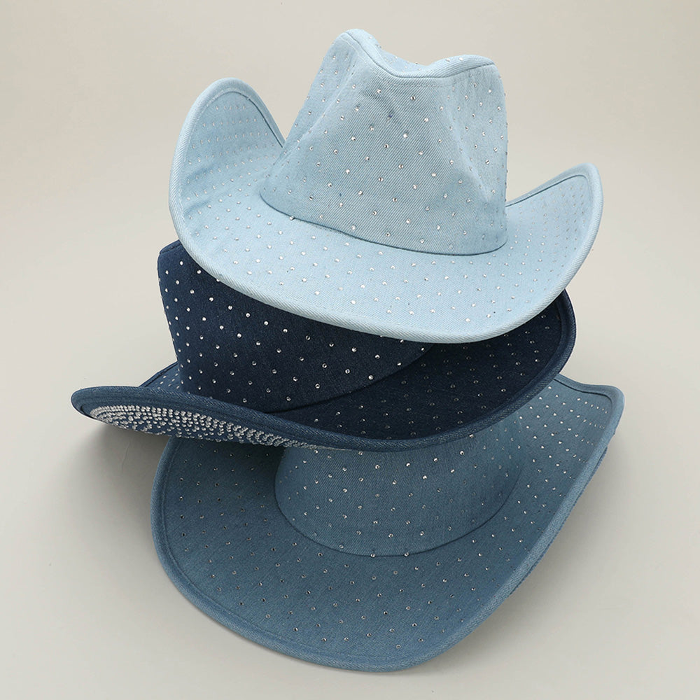 HATEGORY Sparkling Rhinestone Embellished Denim Western Cowboy Fedora Hat