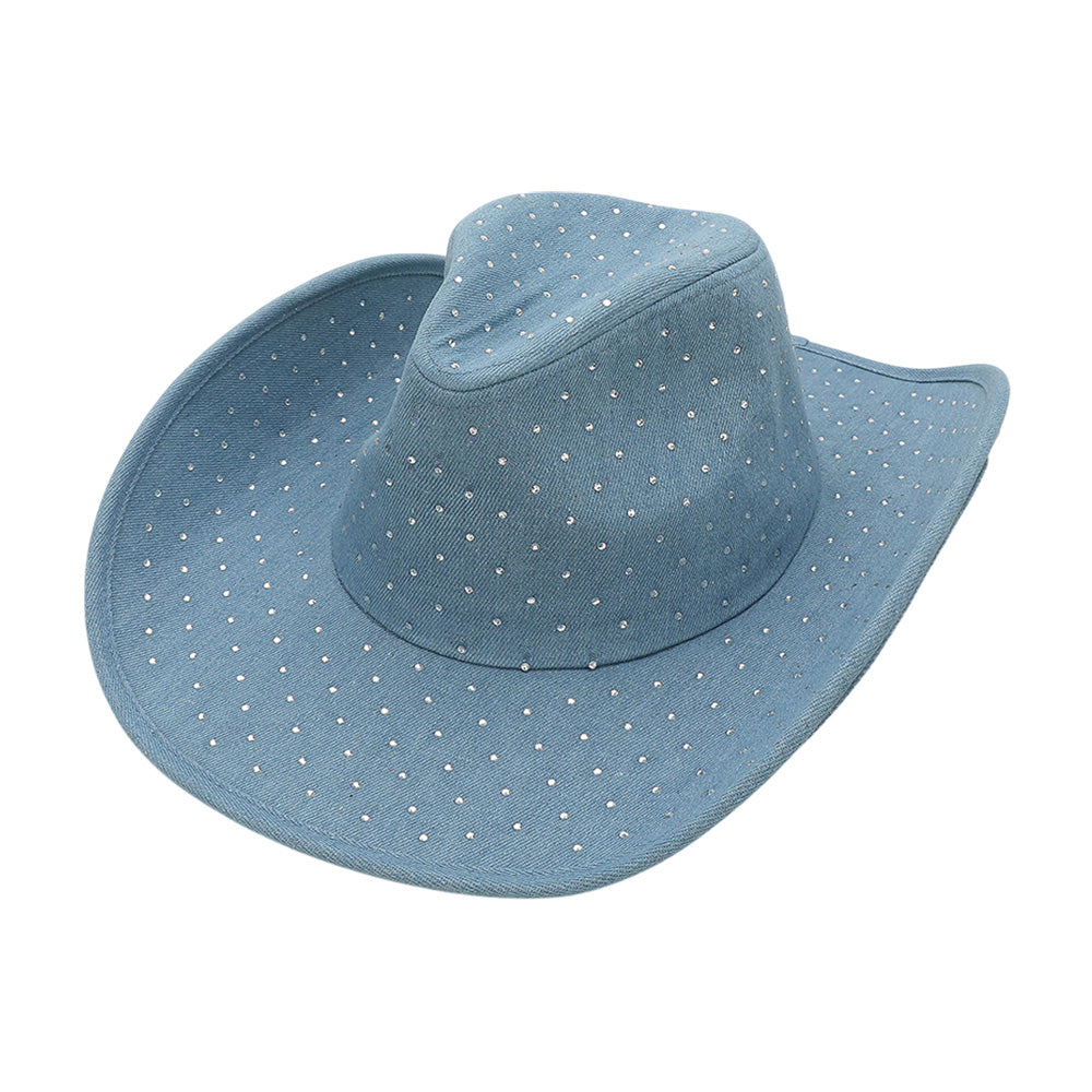 HATEGORY Sparkling Rhinestone Embellished Denim Western Cowboy Fedora Hat