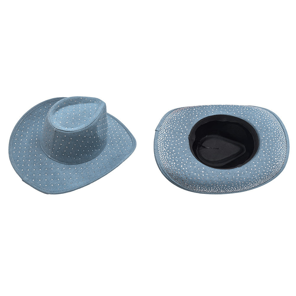 HATEGORY Sparkling Rhinestone Embellished Denim Western Cowboy Fedora Hat