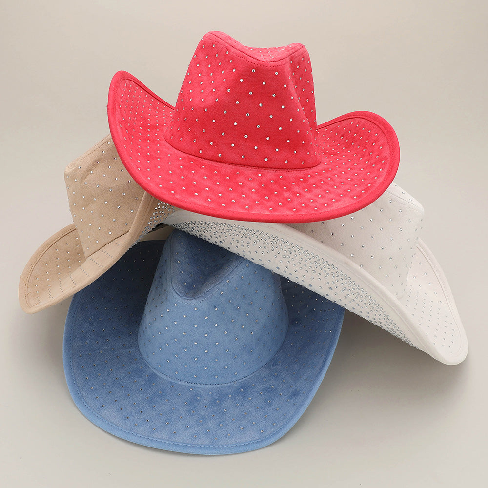 HATEGORY Rhinestone Embellished Faux Suede Western Cowboy Fedora Hat
