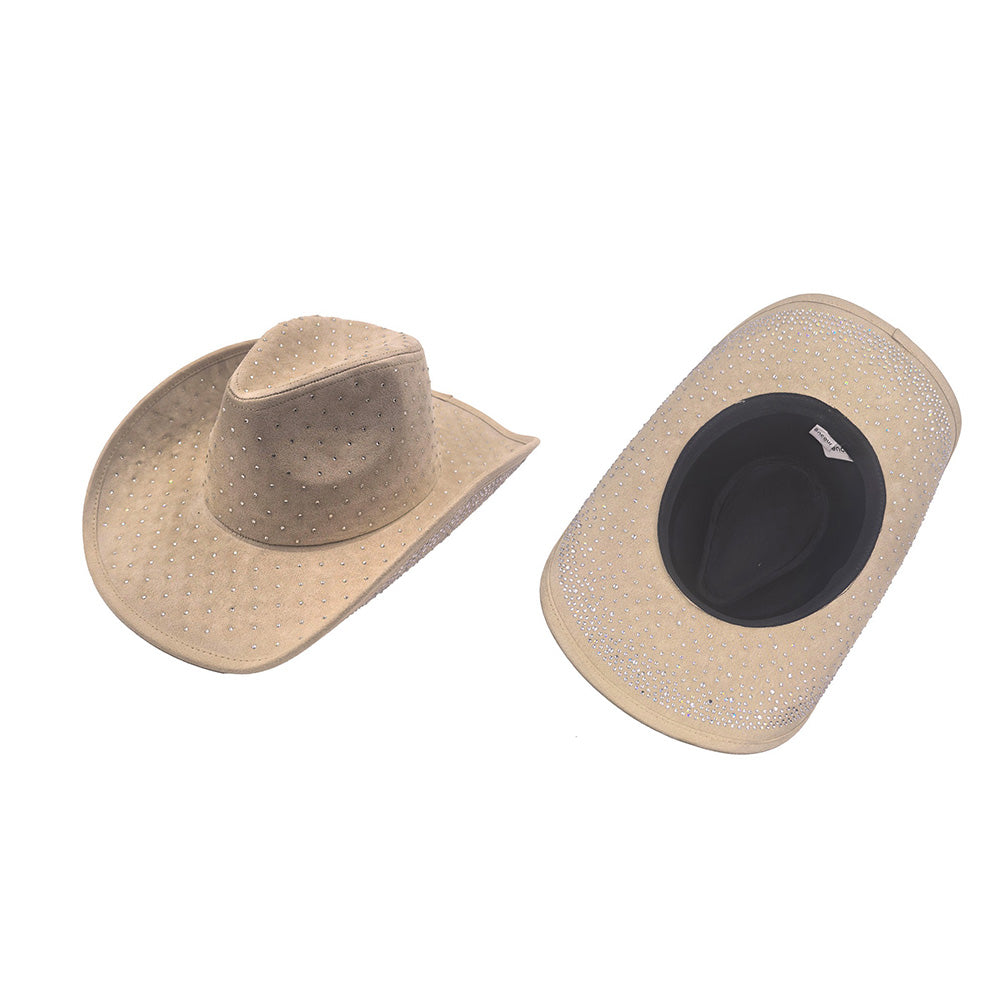 HATEGORY Rhinestone Embellished Faux Suede Western Cowboy Fedora Hat