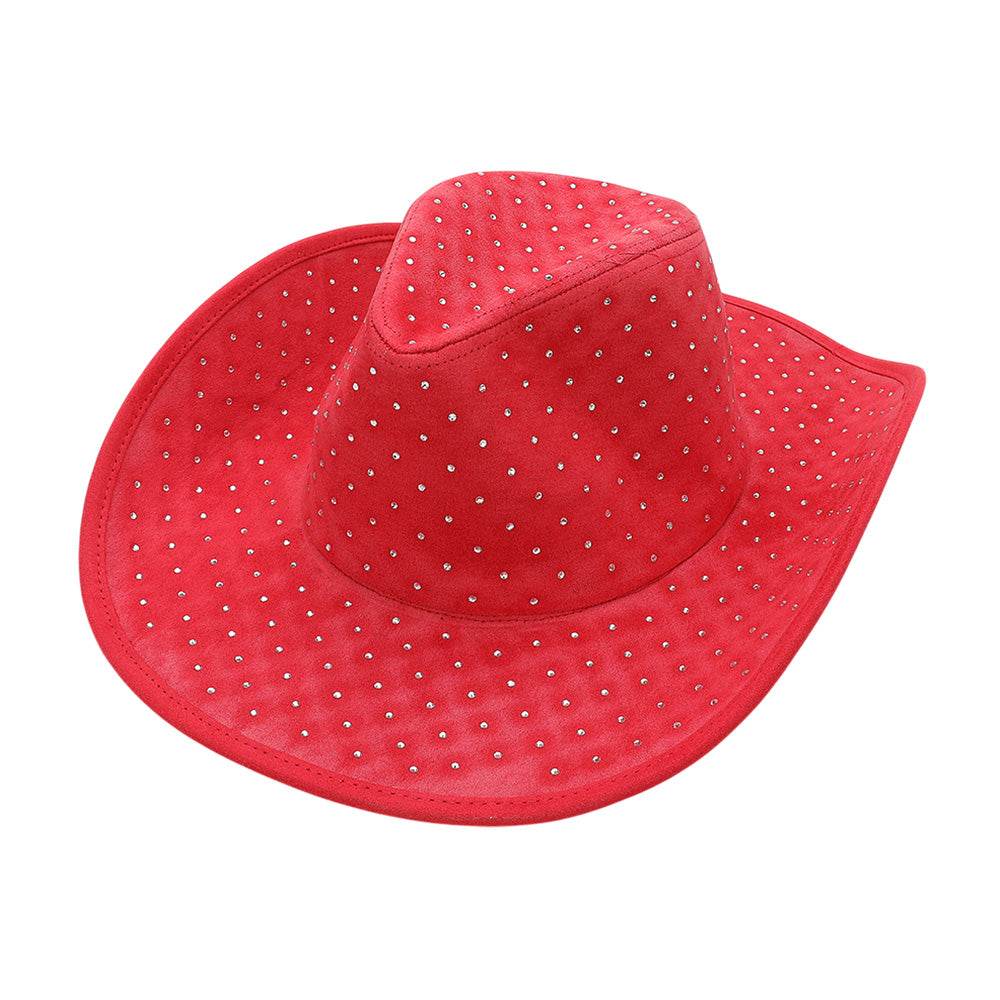HATEGORY Rhinestone Embellished Faux Suede Western Cowboy Fedora Hat