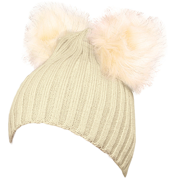 HATEGORY Solid Double Faux Fur Pom Pom Beanie
