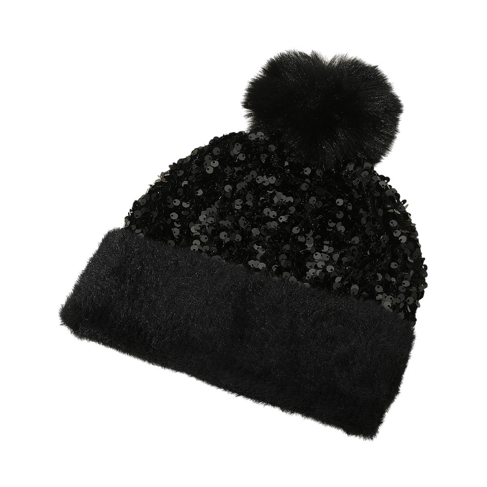 HATEGORY Sequin Embellished Pom Pom Beanie Hat