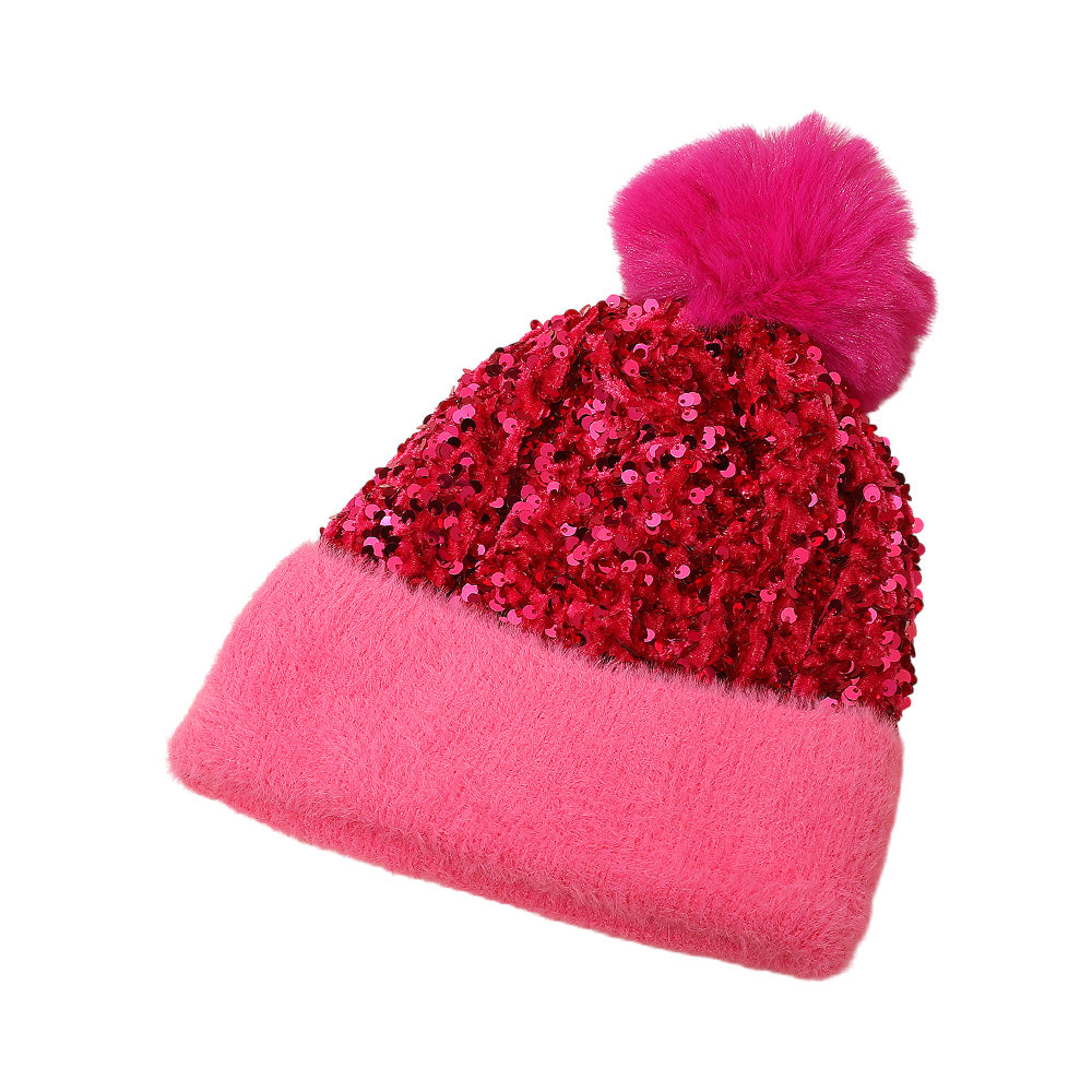 HATEGORY Sequin Embellished Pom Pom Beanie Hat