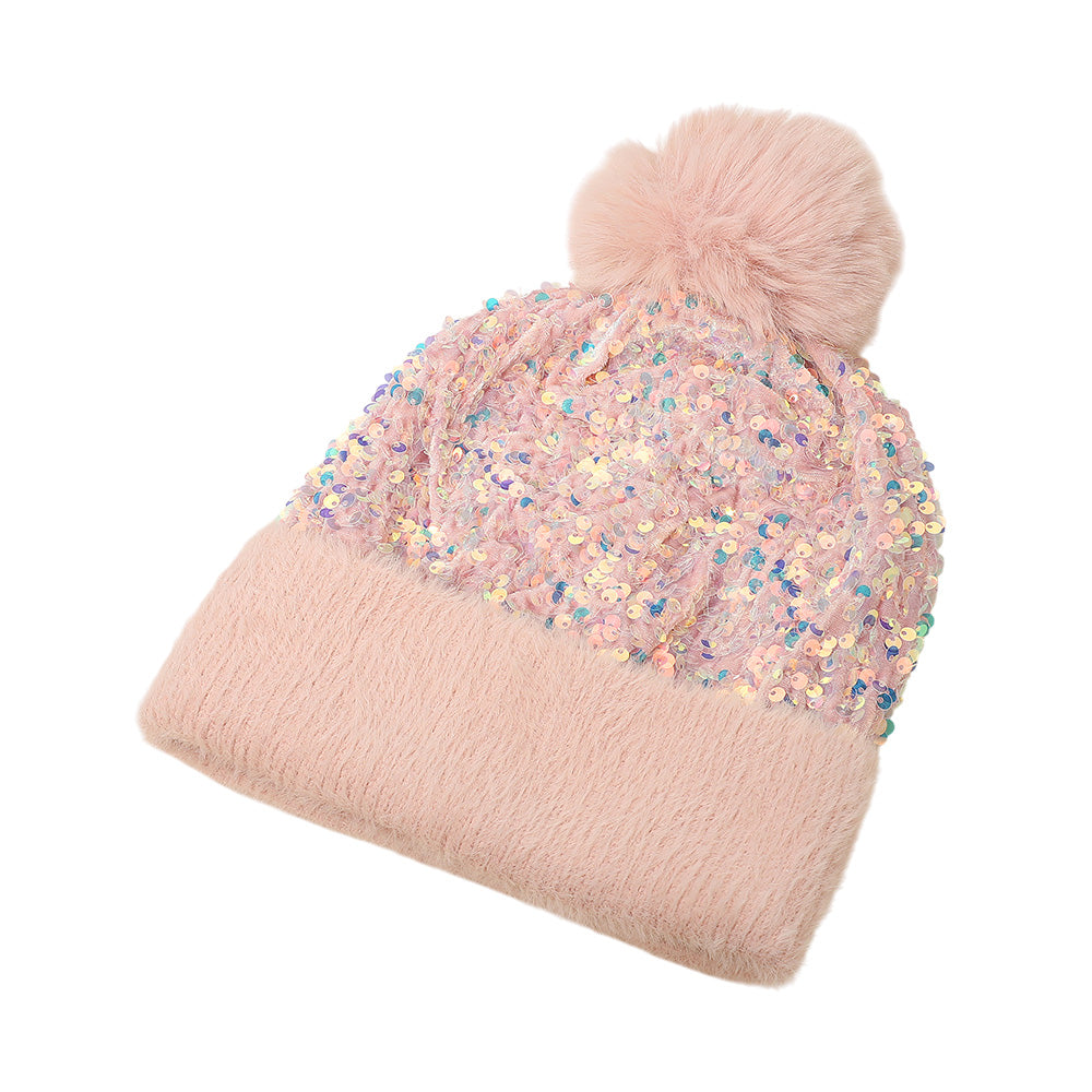 HATEGORY Sequin Embellished Pom Pom Beanie Hat